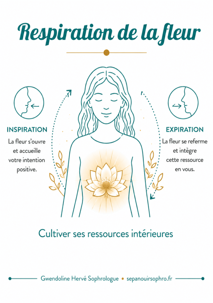 Illustration de la respiration de la fleur en sophrologie : une pratique de respiration consciente visant à cultiver ses ressources intérieures et à intégrer une intention positive.