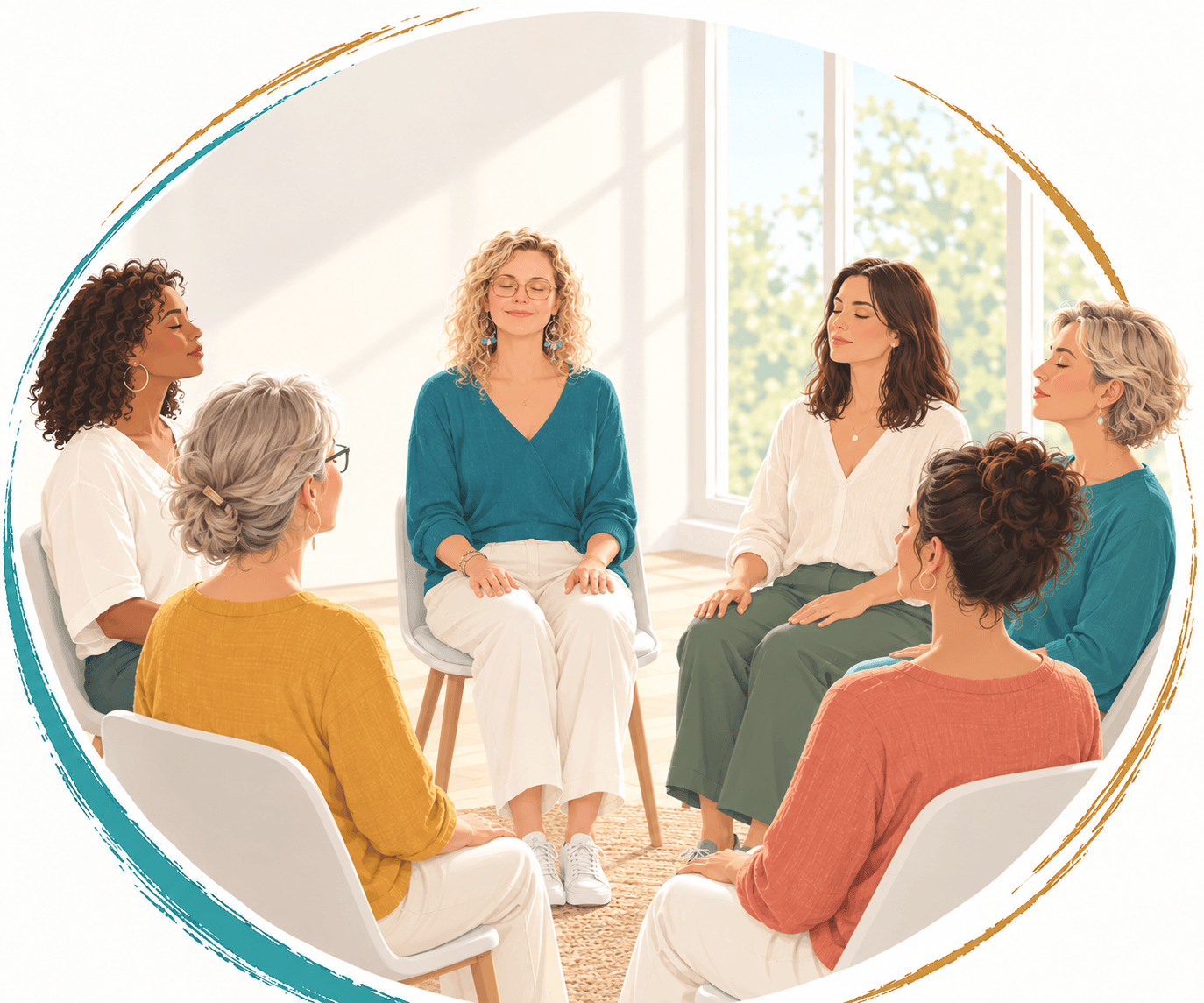 Illustration d'une séance collective de sophrologie à Boissières, avec un groupe de femmes assises et les yeux fermés